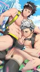 2boys abs age_difference anal blush brown_hair fellatio gay gloves hand_on_head human male male_only male_protagonist_(pokemon_go) mazjojo multiple_boys muscle nintendo oral outdoors penetration penis pokemon pokemon_go pubic_hair sex silver_hair sucking sweat testicle_grab testicles thrusting underwear willow_(pokemon) yaoi