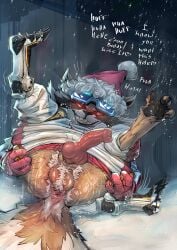 1boy absurdres animal_ears animal_penis anus ass balls claws commission concosive english_commentary english_text erection fangs furry furry_male gloves grin guardians_of_the_galaxy hat highres looking_at_viewer lying male male_focus male_only marvel marvel_rivals on_back on_ground pawpads penis precum precum_drip raccoon_boy raccoon_ears raccoon_tail red_gloves rocket_raccoon rocket_raccoon_(wild_winter)_(marvel_rivals) santa_hat smile snow spread_ass tail testicles