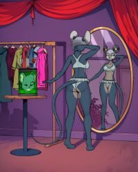 absurd_res aged_up alcohol alcohol_bottle anthro beverage blue_eyes clothes_hanger clothing container cup curtains diacordst dressing_room_(disambiguation) drinking_glass female furniture glass glass_container glass_cup grey_body hi_res jar lori_meyers mammal mirror mouse murid murine night_in_the_woods nightclub prosthetic prosthetic_limb reflection robotic_head rodent severed_body_part severed_head solo swimwear table two-piece_swimsuit wine_bottle wine_glass