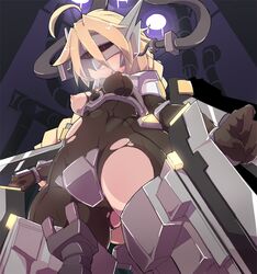 ahoge blazblue blonde_hair bodysuit braid breasts female infraton lambda-11 mecha_musume red_eyes single_braid solo thighhighs torn_clothes very_long_hair