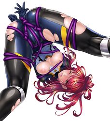 ass bodysuit bondage breasts female forced large_breasts long_hair looking_at_viewer nipples no_bra partially_visible_vulva ponytail rope sano_toshihide selen_platinum shiny_skin spread_legs taimanin_(series) taimanin_asagi taimanin_asagi_battle_arena