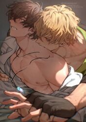 2boys absurdres anal bare_pectorals bed_sheet biting biting_neck black_gloves black_shirt blonde_hair blush broken_necklace brown_eyes brown_hair clenched_teeth collarbone collared_shirt crying crying_with_eyes_open crystal crystal_necklace eiden_(nu_carnival) fingerless_gloves gloves hair_between_eyes highres holding_hands implied_sex interlocked_fingers jewelry looking_at_another lying male_focus miyamoyan multiple_boys muscular muscular_male necklace nipples nu_carnival oerba_yun_fang off_shoulder on_bed on_stomach open_clothes open_shirt pectorals quincy_(nu_carnival) red_eyes saliva sex sex_from_behind shirt short_hair single_bare_shoulder smile sweat tears teeth twitter_username upper_body watermark white_shirt yaoi
