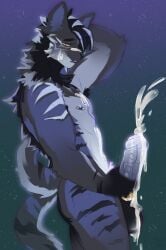 absurd_res anthro balls black_balls black_hair black_nose blue_body blue_fur blue_lips bodily_fluids cum cum_drip cum_dripping_from_penis cum_on_chest cum_on_face cum_on_hand dripping ejaculation exhausted fangs felid foreskin fur genital_fluids genital_piercing genitals glistening glistening_body glistening_skin hair hands_behind_head hi_res holding_penis lance_(huf13) lips looking_at_viewer male mammal mane nipple_piercing nipples pantherine penis penis_piercing piercing presenting presenting_penis solo solo_focus sparkles striped_body striped_fur stripes teeth tiger uncircumcised vein veiny_penis wtchynbtchy yellow_eyes