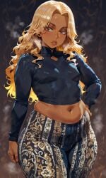 ai_art ai_generated bigbizarts blonde_hair brown_eyes chubby chubby_female curvaceous dark-skinned_female flare_pants forbidden_pants full_lips hand_on_hip long_sleeves round_hips seductive_pose small_breasts solo solo_female solo_focus stomach thick_eyelashes thick_thighs wavy_hair