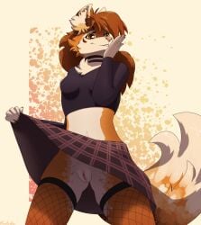 anthro autumn_mocca_(rookie_fox) bottomwear brown_hair canid canine clothed clothing clothing_lift collar female fishnet_clothing fishnet_legwear flashing fox genitals hair hi_res legwear mammal no_underwear pussy skirt skirt_lift solo sunstriderarts tail topwear upskirt