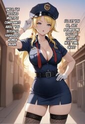 ai_generated belt blonde_hair blue_eyes caption cleavage collarbone english_text fishnet_thighhighs hachimiya_meguru hand_on_hip hat large_breasts long_hair looking_at_viewer low_twintails necktie outdoors police police_uniform policewoman shirt short_sleeves skirt thighhighs thighs twintails uniform white_gloves