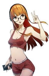 1girls 2d absurdres bike_shorts blonde_hair breasts brown_eyes female glasses headphones heart highres kunomd long_hair medium_breasts midriff navel nipples_visible_through_clothing orange_hair persona persona_5 petite sakura_futaba skinny small_breasts smile solo sports_bra sportswear tank_top tongue tongue_out transparent underwear