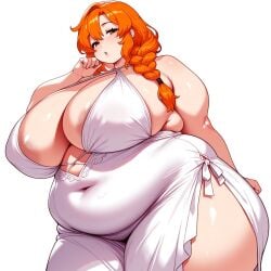 ai_generated bbw braided_hair chubby flamme flamme_(sousou_no_frieren) frieren_beyond_journey's_end gown huge_breasts illustrious_(stable_diffusion) large_areolae lovebbw256 orange_hair plump red_hair sousou_no_frieren stable_diffusion weird_proportions white_gown wide_hips yokkora_(style)