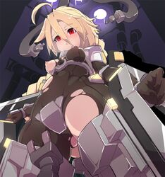 ahoge blazblue blonde_hair bodysuit braid breasts female infraton lambda-11 mecha_musume red_eyes single_braid solo thighhighs torn_clothes very_long_hair