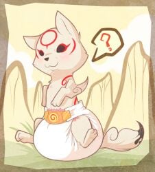 1boy black_eyes canine chibiterasu deity diaper feral furry male mammal okamiden puppy sitting smile solo white_fur white_hair wolf young