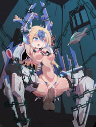 blazblue blonde_hair blue_eyes bondage bottomless censored chains female infraton mu-12 noel_vermillion restrained sex text