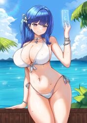 absurdres arcana_(nikke) bead_bracelet beads bikini blue_hair bracelet breasts choker cleavage closed_mouth cowboy_shot day earrings female front-tie_bikini_top front-tie_top goddess_of_victory:_nikke hand_up highleg highleg_bikini highres jewelry large_breasts long_hair looking_at_viewer navel one_side_up outdoors purple_eyes side-tie_bikini_bottom smile solo stomach string_bikini swimsuit thighs vavamva wet white_bikini white_choker