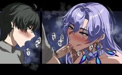 1boy blue_eyes blue_hair blush cantarella_(wuthering_waves) censored commentary_request drogod_(artist) earrings erection fellatio female hair_between_eyes hella_p jewelry korean_commentary korean_text long_hair looking_down looking_up male male_pubic_hair male_rover_(wuthering_waves) mosaic_censoring open_mouth oral penis pubic_hair rover_(wuthering_waves) straight translation_request wuthering_waves