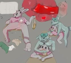 absurd_res anthro ass bench blue_body blue_fur blue_hair blush bodily_fluids canid canine canis clothed clothing clothing_on_floor dirty dirty_clothing dirty_jockstrap dirty_underwear duo ears_down ears_up feet forced_sniffing fur genital_fluids genitals green_eyes grey_body grey_fur hair hi_res hindpaw holding_clothing holding_object holding_underwear internal jockstrap knot knotted_penis lagomorph leporid locker_room looking_pleasured lucienne_(soft_and_wett) lying male male/male mammal musk on_front partially_clothed paws penis pink_clothing pink_shirt pink_topwear pivoted_ears precum presenting presenting_hindquarters prostate prostate_stimulation prostate_with_heart rabbit raised_tail shirt soft_and_wett sweat sweaty_butt sweaty_feet tail topwear underwear unnamed_character wolf