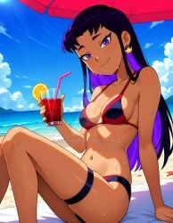 2025 ai_generated beach beach_umbrella belly black_and_purple_hair black_eyebrows black_hair_female black_legwear blackfire cartoon_network dc dc_comics dcau deviantart elryusam evil_grin evil_smile grinning_at_viewer holding_cup holding_drinking_glass looking_at_viewer meta mouth_closed not_porn orange_body orange_cheeks orange_skin purple_eyes purple_hair_female red_and_black_bikini sitting_on_towel smile_at_viewer smiling_at_viewer teen_titans tummy wet_bikini wet_body wet_skin yellow_earrings