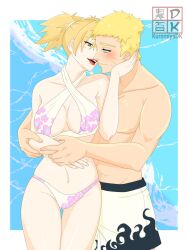 1boy 1girls before_sex big_breasts bikini blonde_hair blue_eyes breasts busty center_opening cheating_girlfriend cheating_husband cleavage curvaceous curvy curvy_figure duo_focus female flame_print floral_print hugging_from_behind imminent_kiss kuromiyadk lipstick long_hair makeup male midriff naruto naruto:_the_last naruto_(series) pinup revealing_swimsuit romantic_couple shirtless_male short_hair shorts slim_waist swimsuit teal_eyes temari toned toned_male twintails uzumaki_naruto watermark whisker_markings wide_hips yellow_hair
