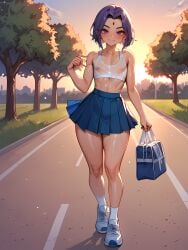 ai_generated asking_for_it athletic femboy femboy_focus femboy_only g-string genderswap gym_bag inviting inviting_to_sex raven_(dc) see-through skirt skirt_lift sports_bra sunset sweat sweatdrop sweating sweaty sweaty_body teen_titans tennis_uniform walking white_panties