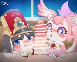 black_body black_fur blue_eyes collaborative collaborative_oral dream_maker810 female floppy_ears fur genitals group group_sex headgear hi_res honkai:_star_rail lagomorph leporid lop_ears male mammal mem_(honkai:_star_rail) mihoyo penis pink_body pink_fur pom-pom_(honkai:_star_rail) rabbit sex threesome trio