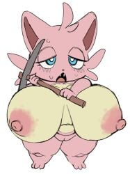 1girls anthro areola areolae big_breasts blue_eyes breasts breasts_apart cattiva female female_only huge_breasts im_a_spacebar2 nipples palworld pickaxe pink_areola pink_nipples pussy sagging_breasts short_stack shortstack simple_background solo thick_thighs thighs white_background