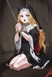 a_tea archetto_(arknights) arknights bad_link begging blue_eyes breasts chain_leash chains cum cum_in_mouth cum_on_body cum_on_legs cumdrip dress facial female frilled_dress frills full_body heterochromia highres hypergryph kneeling leash long_hair looking_at_viewer nun orange_hair red_eyes restrained sitting small_breasts solo very_long_hair yostar