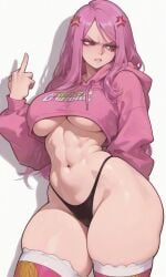 1girl, abs, ai_generated anger angry, arm away, back, background, behind big bonney, breast, butt, cropped eyelashes, facing female finger, frown, hair, holding, hoodie, ips, jewelry lips, long looking makeup, middle navel, parted pink shadow, side, standing, the thick thighhighs, thighs, thong to underboob, vein, viewer, white