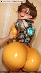 ai_generated ass bodysuit bomber_jacket breast_grab breasts brown_eyes brown_hair brown_jacket cameltoe closed_eyes cowgirl_position cuckingmama dark_skin female goggles grabbing groping jacket leather_jacket lips lipstick makeup multiple_girls open_mouth orange_bodysuit orange_goggles overwatch overwatch_2 pants short_hair sitting sleeves_rolled_up solo tagme tight tracer