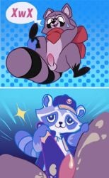 1boy 1other animal_ears balls baseball_bat catoon997 claws cum ejaculation erection furry furry_male galactic_baseballer_(honkai:_star_rail) holding holding_baseball_bat honkai:_star_rail honkai_(series) indigo_park male penis raccoon_boy raccoon_ears raccoon_tail rambley_(indigo_park) rambley_raccoon red_scarf scarf sparkle speech_bubble spoken_expression sweatdrop tail testicles