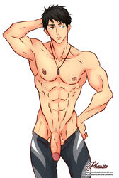 1boy black_hair blue_eyes blush flaccid free! looking_away male male_only penis phausto solo sosuke_yamazaki topless undressing