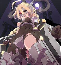 ahoge blazblue blonde_hair bodysuit braid breasts female infraton lambda-11 mecha_musume red_eyes single_braid solo thighhighs torn_clothes very_long_hair