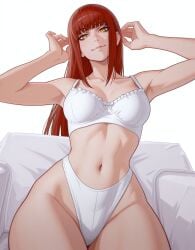 1girls ai_generated athletic_female bra chainsaw_man female fit_female makima_(chainsaw_man) obliques panties red_hair solo toned_female underwear underwear_only white_bra white_panties white_underwear yellow_eyes zloimakak