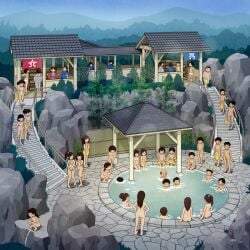 6+boys 6+girls ass bathing breasts brown_hair completely_nude covering_privates day embarrassed erection female highres kiyo_(kyokyo1220) male medium_hair mixed-sex_bathing multiple_boys multiple_girls nude nude_cover onsen original outdoors peeing penis shared_bathing sitting stairs undressing