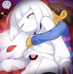 1boy 1girls ;< ? bar_censor black_eyes black_thighhighs blue_shirt blunt_bangs bottomless bright_pupils brown_hair censored closed_mouth colored_skin commentary_request cowboy_shot female frisk_(undertale) genderswap_(otf) genderswap_(otm) ghost ghost_girl hair_behind_ear hair_spread_out in-universe_location leaf long_hair long_sleeves lying male male_only napstablook on_side one_eye_closed penis personification pink_shirt puffy_long_sleeves puffy_sleeves rule_63 sex sex_from_behind shirt spoken_question_mark striped_clothes striped_shirt thighhighs two-tone_shirt undertale undertale_(series) vignetting white_hair white_pupils white_shirt white_skin yellow_skin zonuthezombie