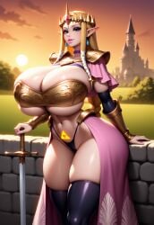 1girls adapted_costume ai_generated arched_back areola areolae arm_support armor bimbo bimbo_body bimbo_lips bimbofication bimbofied breastplate breasts breasts_bigger_than_head cape capelet castle chest_strap choker cleavage colored_nails earrings eyeshadow female gauntlets gigantic_breasts gold_armor hair_ribbon half-closed_eyes hand_on_hilt hand_on_sword hip_armor huge_ass huge_breasts hyrule_warriors jewelry lipstick long_braid long_nails massive_ass massive_breasts navel novelai outdoors outside planted_sword princess_zelda pubic_tattoo rapier royalty seductive short_cape shoulder_armor shoulder_cape skindentation skirt skirt_cutout solo solo_female stone_wall sunset sword tgm101_(artist) the_legend_of_zelda thick_lips thick_thighs thighhighs thin_waist thong triforce triforce_mark triforce_tattoo underboob weapon wide_hips zelda_(hyrule_warriors)