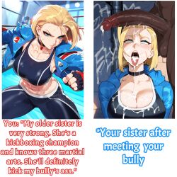 1boy 1girls absurdly_large_cock after_fellatio ai_generated bbc_slave big_breasts blonde_hair blue_eyes bully bully_and_victim cammy_white caption creamy_ai cum cum_in_mouth dark-skinned_male defeat defeat_sex defeated dominant_male domination female instant_loss instant_loss_2koma interracial male meme straight street_fighter tagme