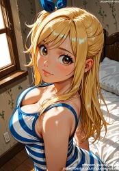 ai_generated bangs bare_arms bare_shoulders bed bed_sheet bedroom blonde_hair blue_ribbon blush breasts brown_eyes clavicle cleavage closed_mouth clothing curtains day eyelashes fairy_tail female female female_only hair_ornament hair_ribbon indoors jousneystudio large_breasts lips long_hair looking_at_viewer lucy_heartfilia medium_breasts no_bra on_bed one_side_up pillow ponytail ribbon shirt sidelocks sleeveless smile solo striped striped_shirt swept_bangs upper_body window