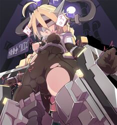 ahoge blazblue blonde_hair bodysuit braid breasts cameltoe female infraton lambda-11 mecha_musume red_eyes single_braid solo thighhighs torn_clothes very_long_hair