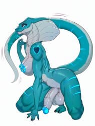 absurd_res anthro argo_(kalivero) big_breasts big_penis blue_eyes breasts cobra female futanari genitals hand_on_shoulder herm hi_res huge_cock intersex long_tail looking_at_viewer moirah multicolored_body penis reptile scalie simple_background snake snake_hood solo tail thick_thighs tongue tongue_out two_tone_body white_background