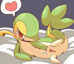 arm_support bed_sheet blue_background blush crepix female full_body half-closed_eyes heart looking_at_viewer lying no_humans on_side open_mouth pokemon pokemon_(species) pokemon_bw pokemon_focus presenting pussy pussy_juice simple_background smile snivy solo spoken_heart spread_legs sweat tail uncensored