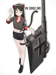 black_hair breasts cat_ears cat_tail daebom female gun looking_at_viewer smiling smoke_grenade yellow_eyes