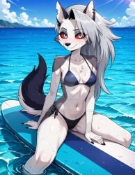 1girls 2025 ai_generated anthro beach belly black_dot_eyes black_eyebrows black_nails blue_bikini deviantart elryusam eyebrows_visible_through_hair female furry_ears furry_female furry_nose furry_only furry_tail hands_on_surfboard hellhound helluva_boss loona_(helluva_boss) meta not_porn ocean pink_cheeks sitting_on_surfboard surfboard tummy vivziepop wet_bikini wet_body wet_skin wet_surfboard white_eyes white_hair_female wolf wolf_girl youtube