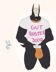 animal_genitalia anthro balls big_balls black_body black_fur bone canid canid_demon canine chibi claws clothing decibel_(himeros) demon dragon fur genitals gesture hand_gesture hellhound hi_res male mammal meme muscular mythological_canine mythological_creature mythological_scalie mythology orange_body orange_eyes orange_skin scalie sheath shirt simple_background solo t-shirt thedivinetemple thumbs_up topwear valigar_(himeros)