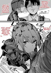 1boy 1girls 2koma :>= absurdres blush bodysuit breasts burgundy_hair cheek_bulge comic deepthroat expressionless fate/grand_order fate_(series) fellatio female fringe fujimaru_ritsuka_(male) hard_translated highres instant_loss_2koma kneeling long_hair male_pubic_hair oosawara_sadao oral pauldrons penis pubic_hair red_eyes scathach_(fate) slim smile straight tongue tongue_out translated uncensored