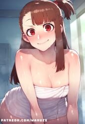 ai_generated all_fours atsuko_kagari big_ass big_butt big_thighs blush brown_hair huge_ass huge_butt huge_thighs little_witch_academia naked_towel red_eyes small_breasts wanuze wide_hips
