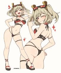 1girls absurdres adapted_costume artist_name ass bikini black_bikini blonde_hair blush breasts burn_scar burnice_white choker cleavage closed_mouth commentary cremanata english_commentary eyewear_on_head female flame_print front_and_back full_body highres index_finger_raised large_breasts looking_at_viewer multiple_views one_eye_closed outstretched_hand red_choker red_eyes scar simple_background smile solo swimsuit thigh_strap tinted_eyewear twintails white_background zenless_zone_zero