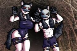 1boy1girl animal_ears bald bald_female bald_male big_breasts breasts chetoh claws female height_difference male mask masked masked_female masked_male matching_outfit oc oerba_yun_fang original original_character original_characters photo_background shirtless shirtless_male shorter_male shorts tail taller_girl thighs white_body