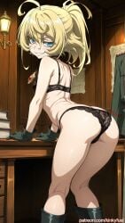 ai_generated anime_style bent_over black_lingerie blonde_hair blue_eyes bra cel_shading gloves high_boots high_detail indoor kinkyfuel lingerie looking_back military_office official_outfit panties ponytail seductive_expression tanya_degurechaff wooden_furniture youjo_senki
