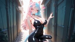 ai_art ai_generated animal_ears blue_hair bulge cat_ears cat_girl cat_tail catgirl dickgirl futanari intersex koneko koneko_dolls konekofuta large_breasts large_penis pink_hair tight_clothing two_tone_hair two_tone_hair_(blueandpink)
