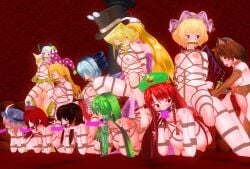 3d bit_gag bondage bound_together chen chinkaigyogyo clownpiece flandre_scarlet gag hecatia_lapislazuli hong_meiling kidnapped kidnapping nude sanae_kochiya shiabri suwako_moriya yukari_yakumo