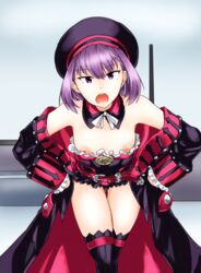 bare_shoulders coat down_blouse fate/grand_order fate_(series) female hat helena_blavatsky_(fate) medium_hair nipples open_mouth purple_eyes purple_hair purple_legwear short_purple_hair strapless_dress talking thighs