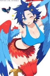 archapxl blue_eyes blue_hair blush blush_lines breasts female female_only harpy harpy_(terraria) harpy_girl harpy_humanoid large_breasts looking_at_viewer pixel_art short_hair tagme terraria